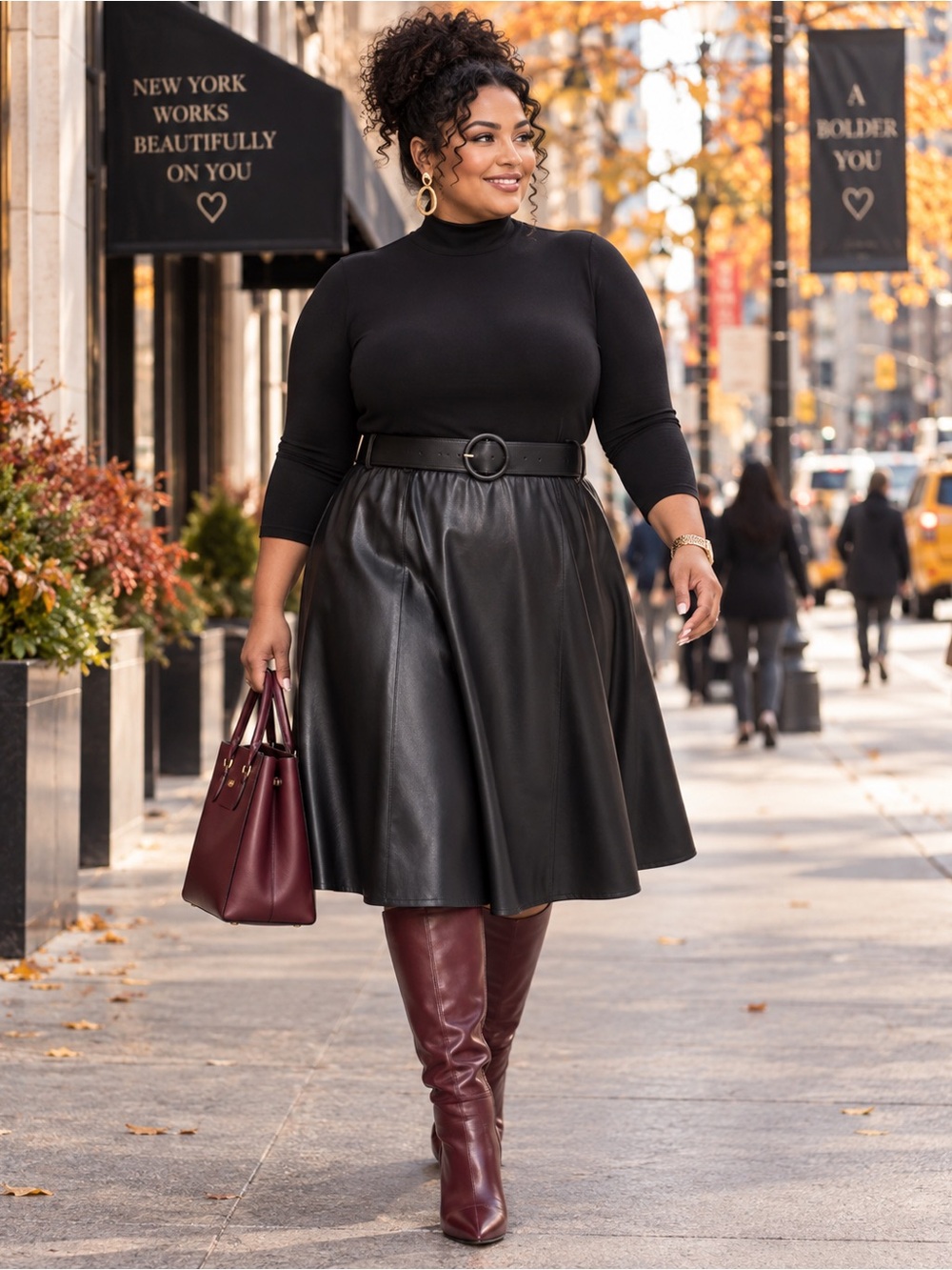 NWT Calvin Klein Plus Size 20W Black Mixed Media Faux Leather Fit & Flare Dress